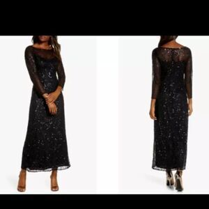Pisarro Nights Black Sequin A Line Gown Evening Dress Illusion SZ 14 NWT